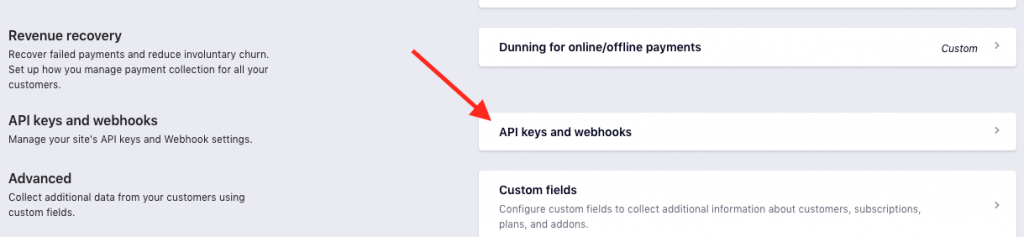 API Keys and Webhooks.