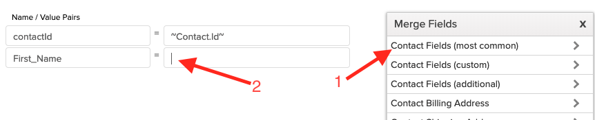 Click “Contact Fields (most common)” and then click into the box to the left of “First_Name” to put your type tool in there.