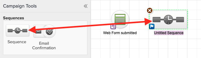 Drag a Sequence from the “Campaign Tools” pane onto the canvas, and connect it to the Goal that you want to trigger the webhook.