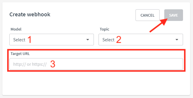 Select a “Model” and “Topic“.  Then paste the Evidence webhook URL that you created in Step 1 into the “Target URL” box and click “Save“. (Thinkific)