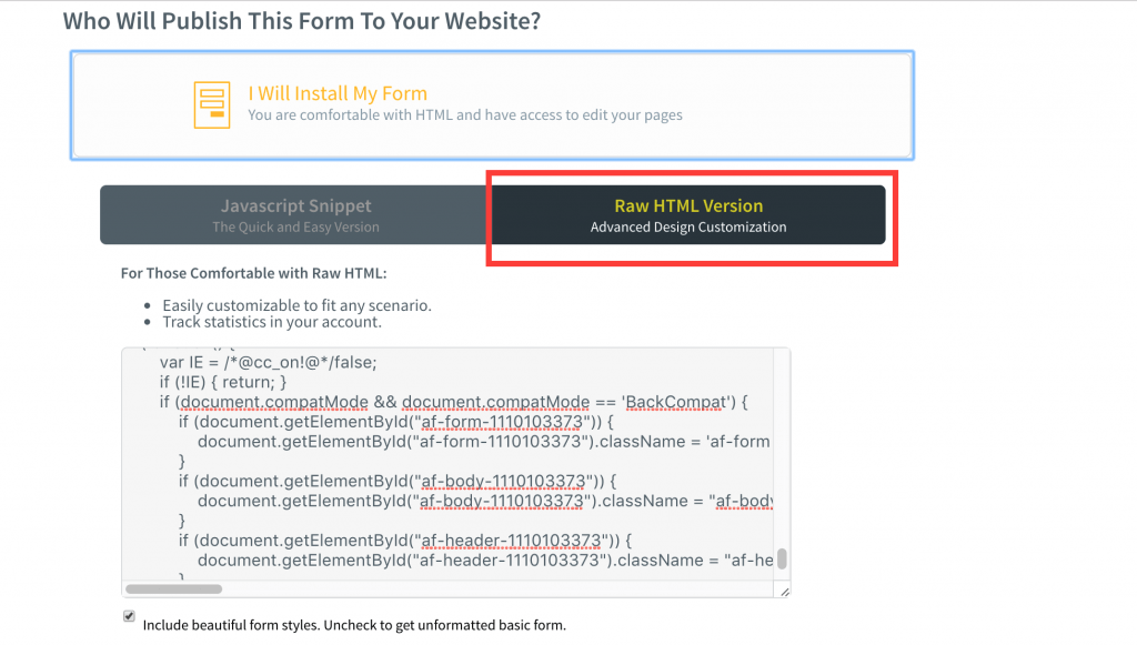 Raw HTML Version. Paste the Evidence script at the bottom of the box.