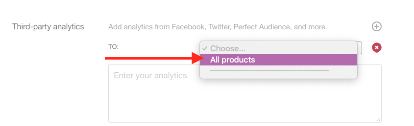 Scroll down to “Third-party analytics“. Select “All products” from the dropdown inside Gumroad.