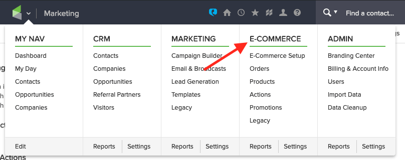 Log into Infusionsoft, hover over the Master Navigation and click “E-COMMERCE“. (Evidence script in Infusionsoft)