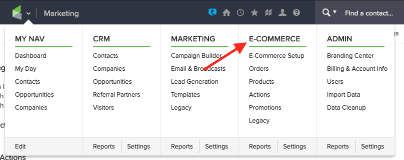 Log into Infusionsoft, hover over the Master Navigation and click “E-COMMERCE“. (Evidence script in Infusionsoft)

