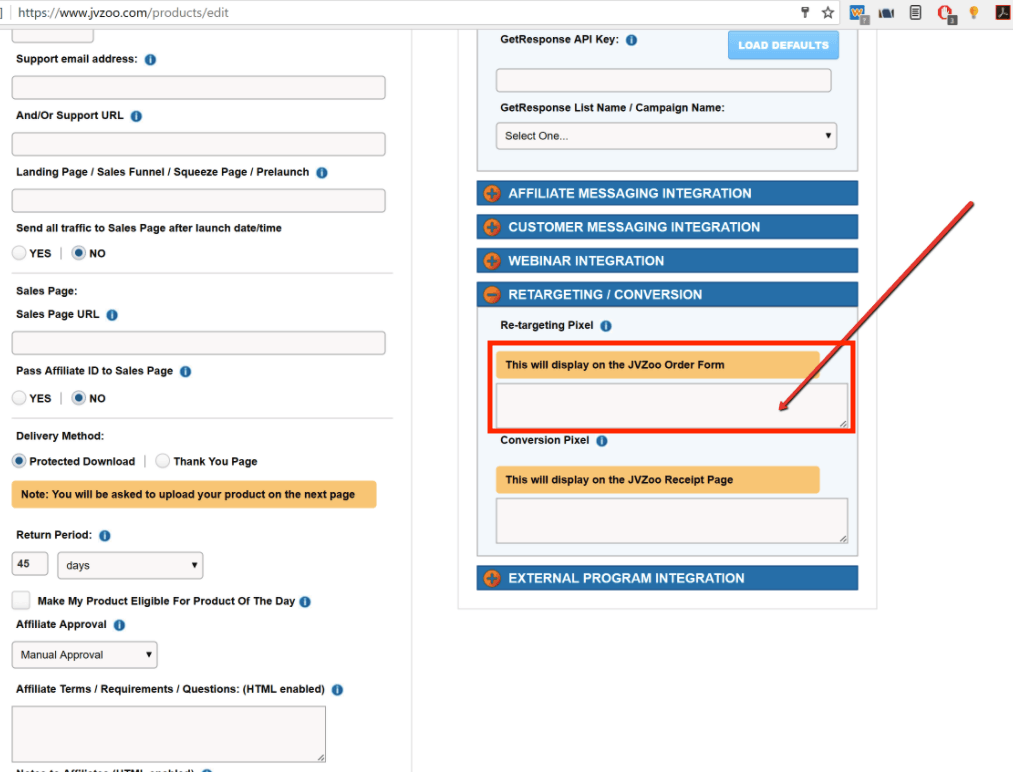 In your page settings, go to Retargeting / Conversion. Paste the Evidence pixel in the Re-targeting Pixel box.