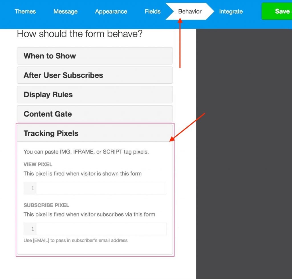 Behavior tab. paste tracking pixel the View Pixel box.