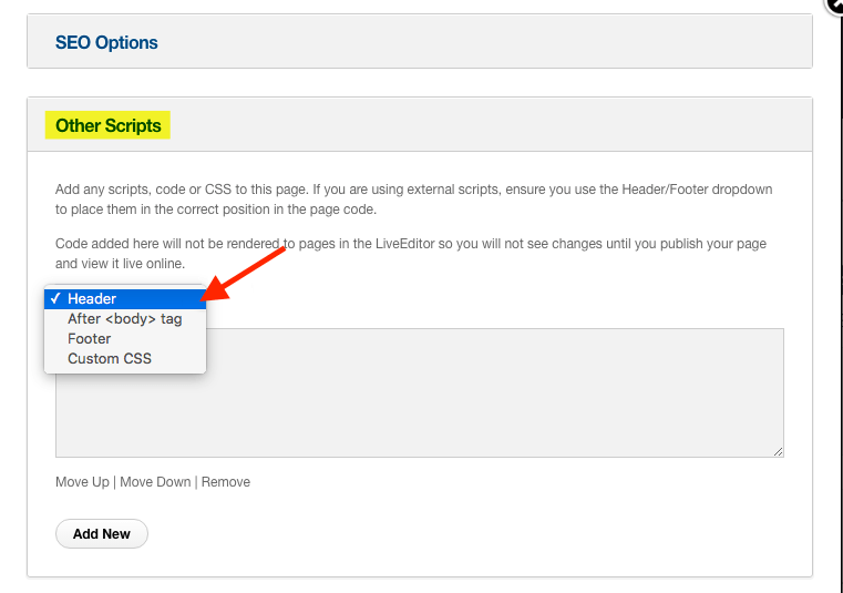 Click on “Other Scripts” and select “Header” from the drop-down menu.