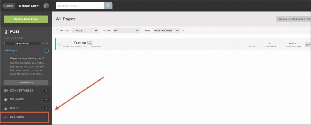 Log into your Unbounce account and click “Settings“.