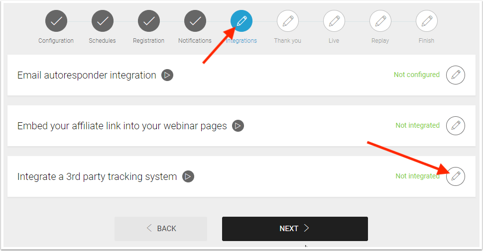 Integrations section. Click the pencil icon on the Integrate a 3rd party tracking system.