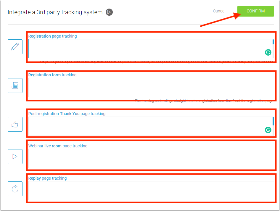 Paste the Evidence pixel in all the boxes and click Confirm.