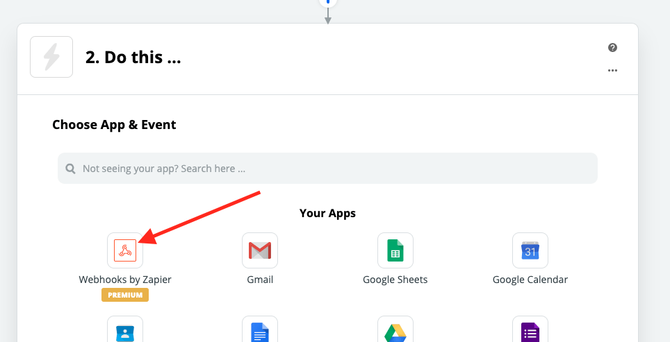 Zap step 2. Webhooks by Zapier again.