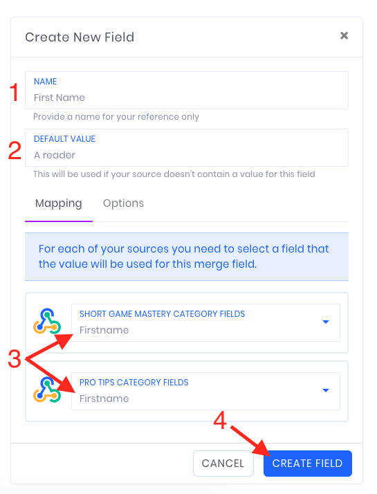 Give the field a name, default value, and map multiple sources to it.