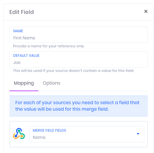 First Name merge field with Name field selected.