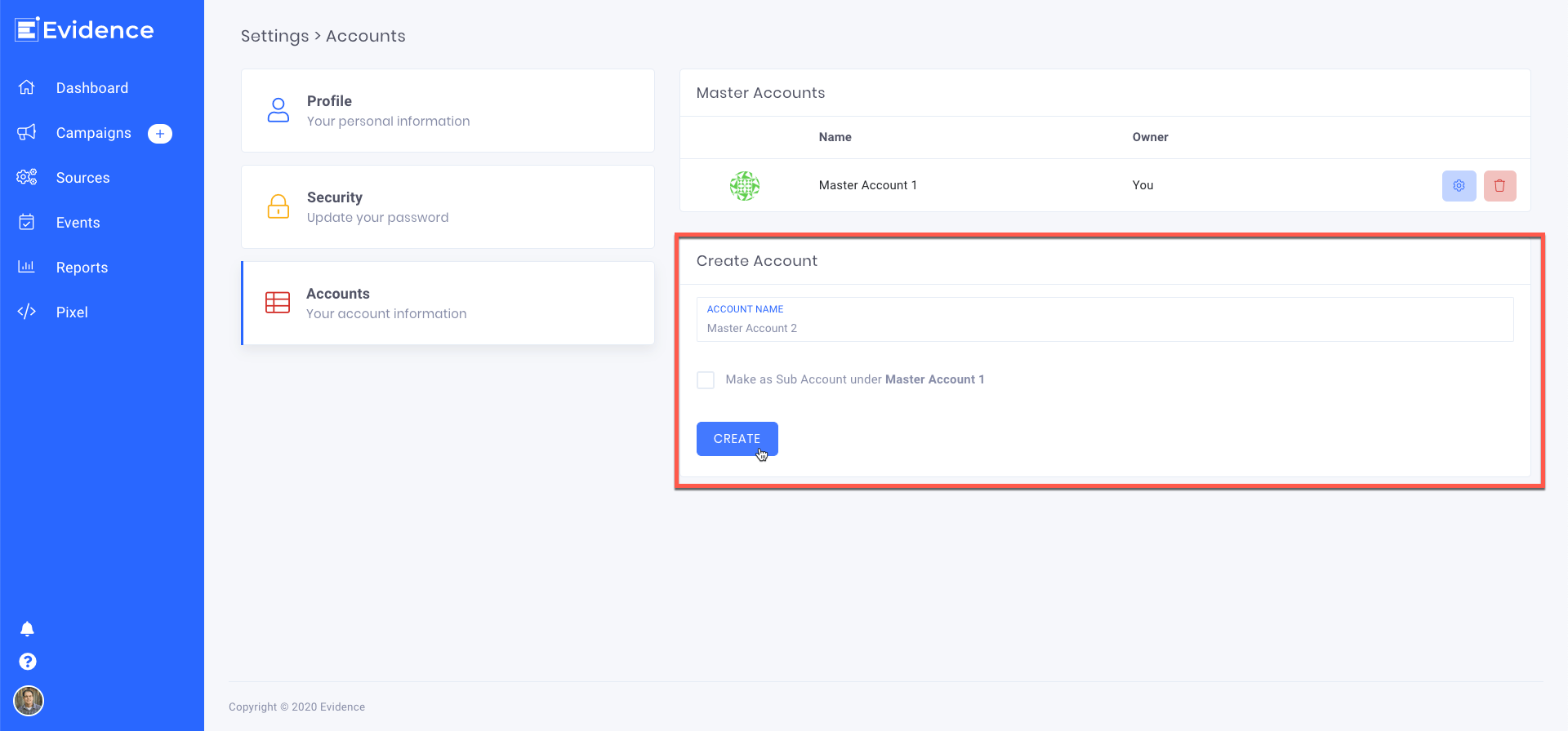 If you have multiple businesses that need their own pixel and billing thresholds, you can easily create an additional master account with your same user profile. 