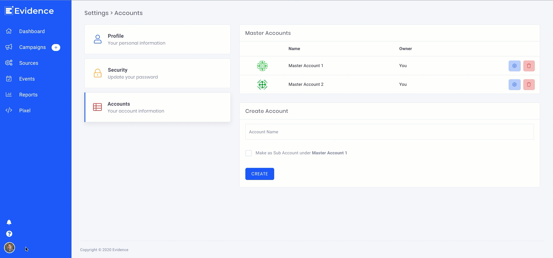 After creating the new master account, you will need to set up its own billing plan. 